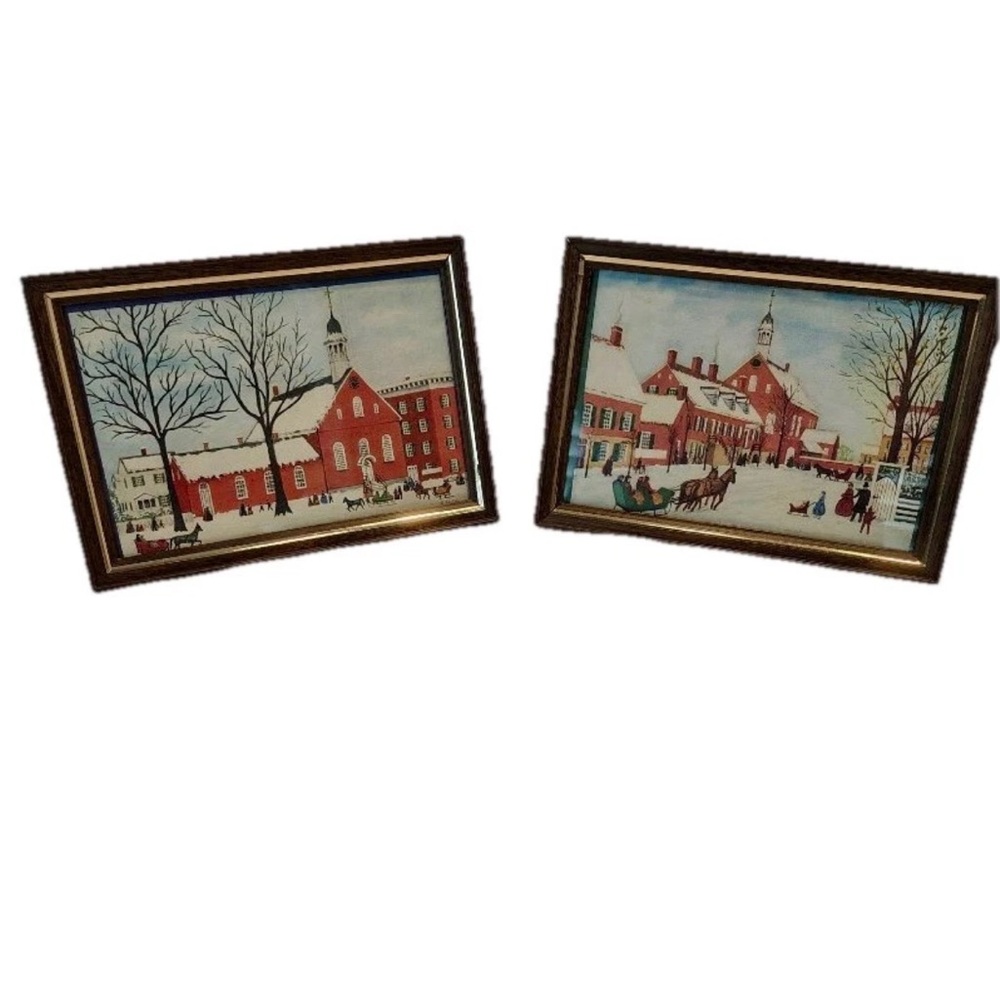 Vtg Christmas Snowy Church Salem Framed Prints Set Of 2 Brown Standing Frames